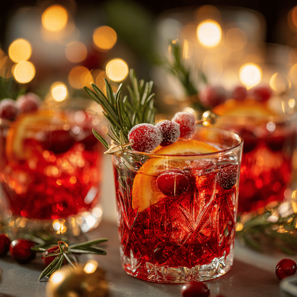 glasses of virgin poinsettia mocktail with cranberries orange and rosemary