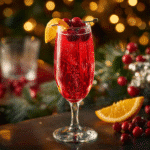 virgin poinsettia mocktail with cranberry and orange in a champagne flute