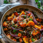 Warm lentil salad with colorful roasted vegetables served in a bowl