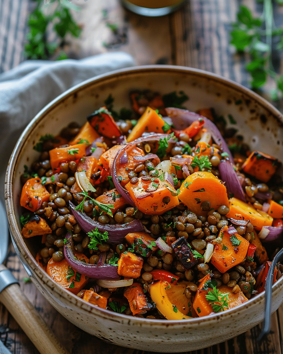 Warm lentil salad with colorful roasted vegetables served in a bowl