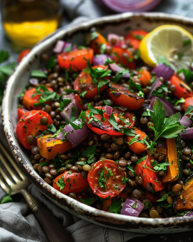 Bowl of warm lentil and roasted vegetable salad garnished with herbs