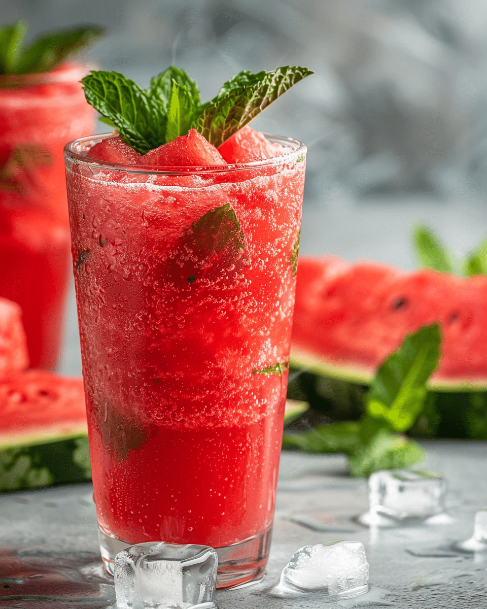 Glass of vibrant red watermelon mint juice with mint leaves and watermelon in the background.