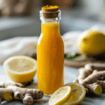 Small glass of golden wellness shot with ginger and turmeric