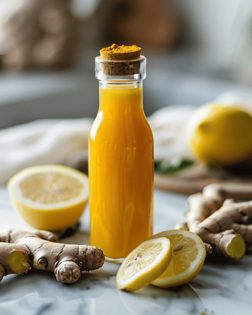 Small glass of golden wellness shot with ginger and turmeric