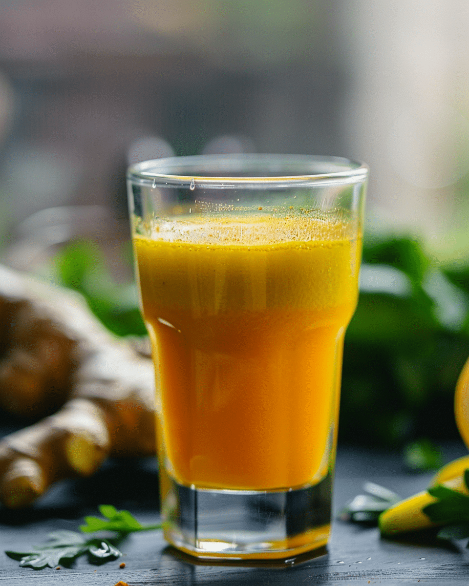 Glass of Wellness Shot Juice with ginger turmeric wellness shot with lemon and fresh roots