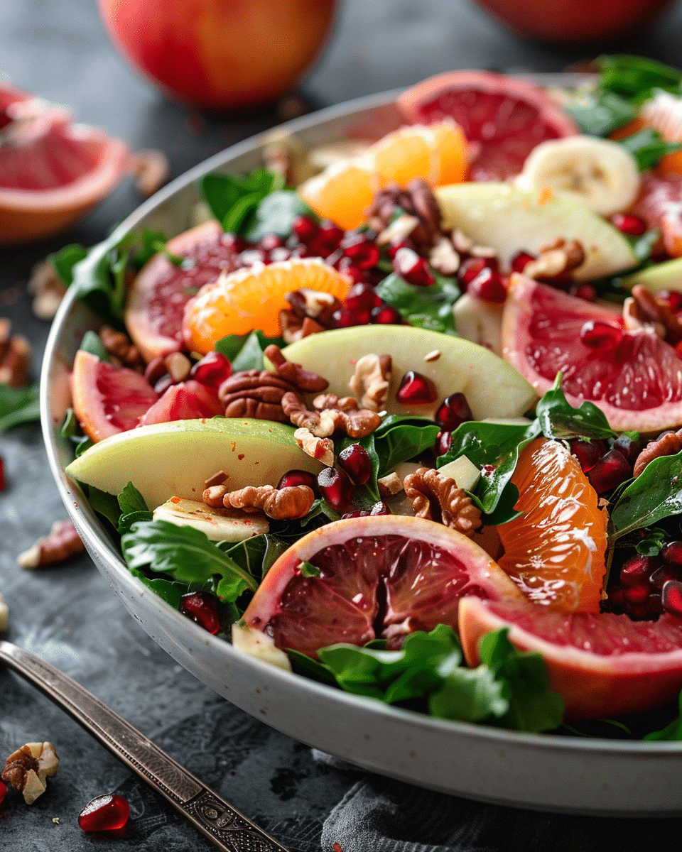 Winter Fruit & Nut Salad with citrus, apples, nuts, and light vinaigrette