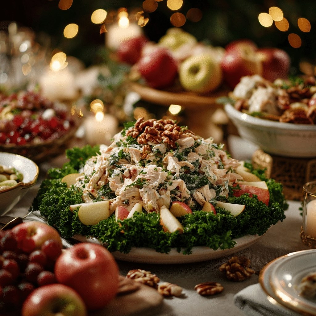 christmas chicken salad served on holiday table