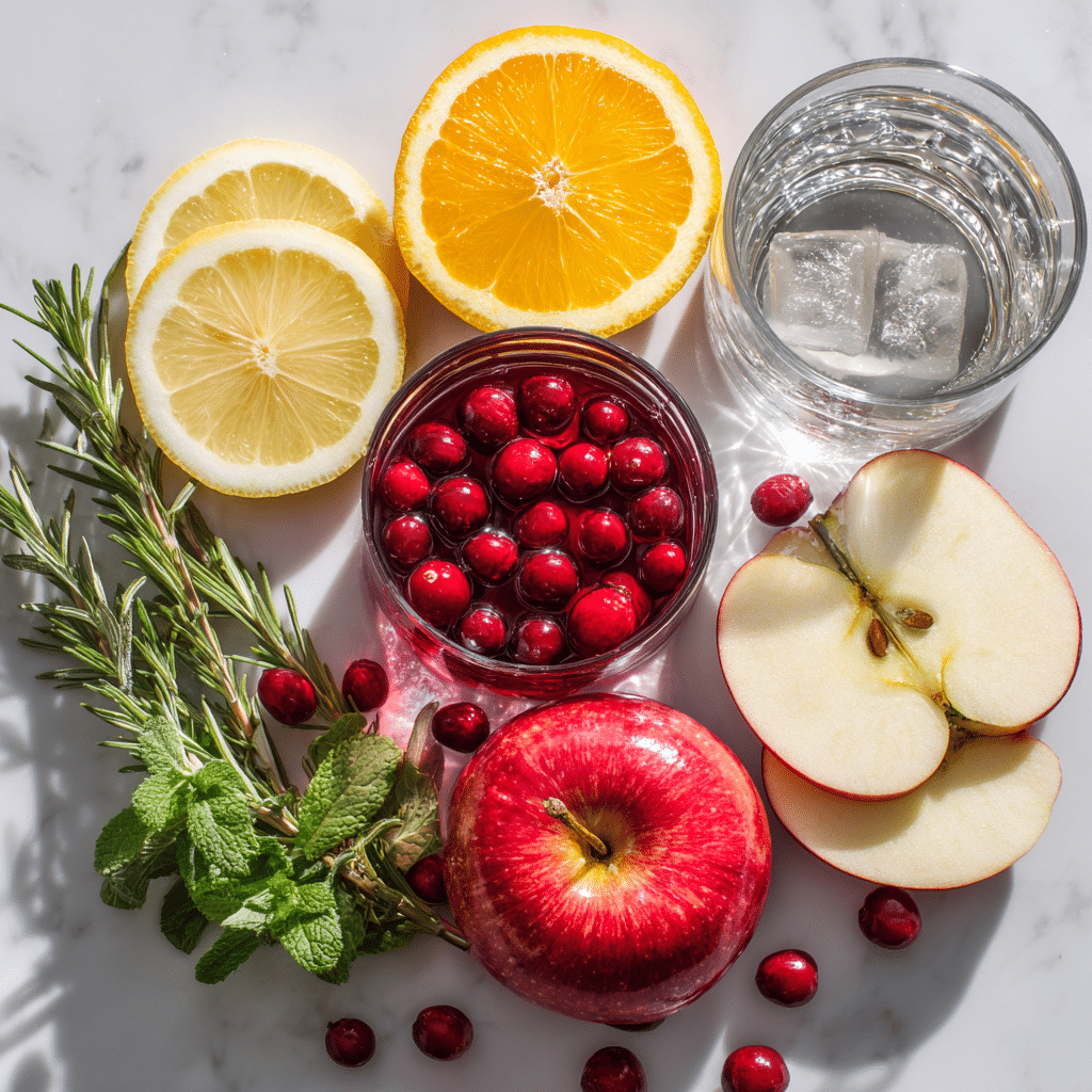cranberry apple mocktail ingredients flat lay