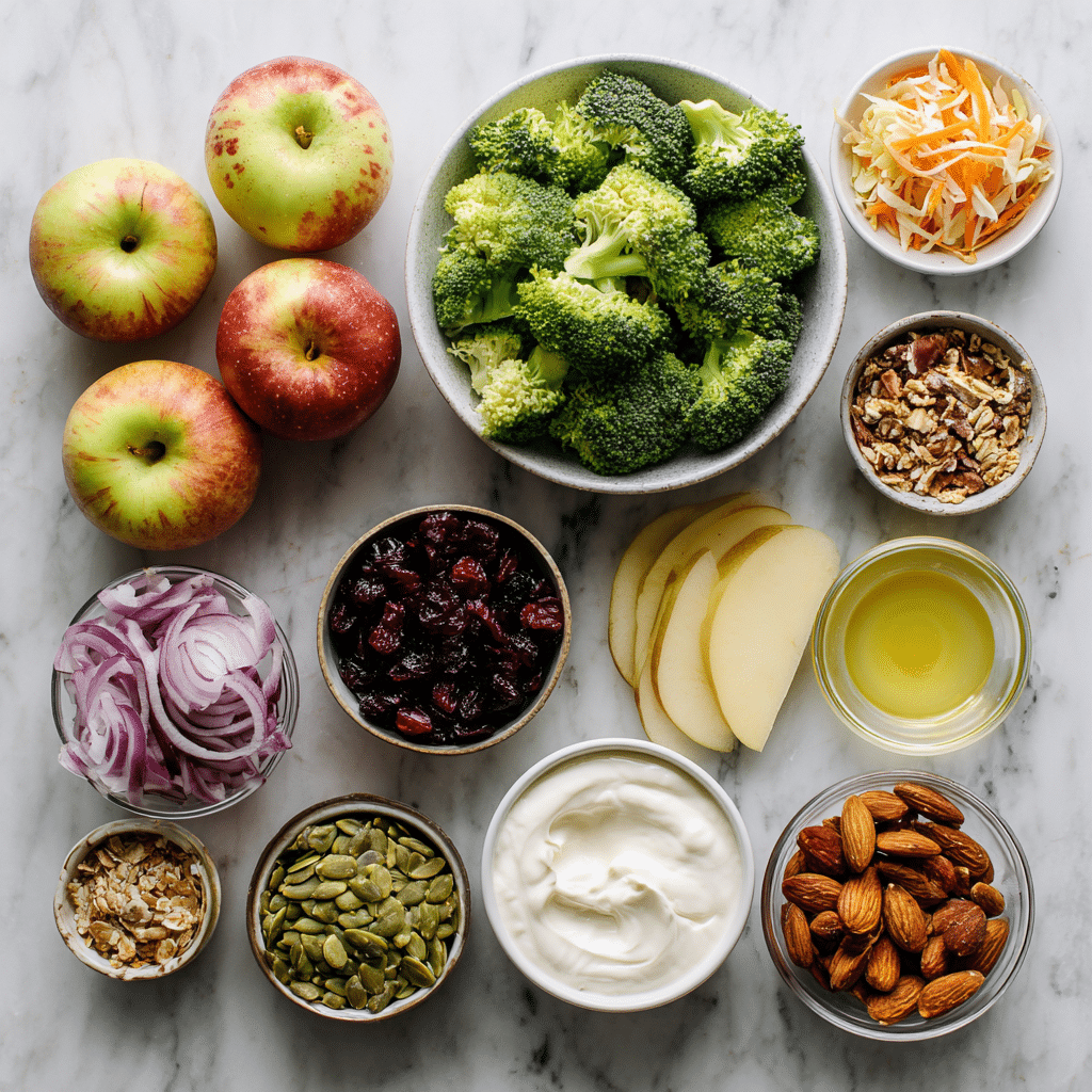 honeycrisp apple broccoli salad ingredients flat lay