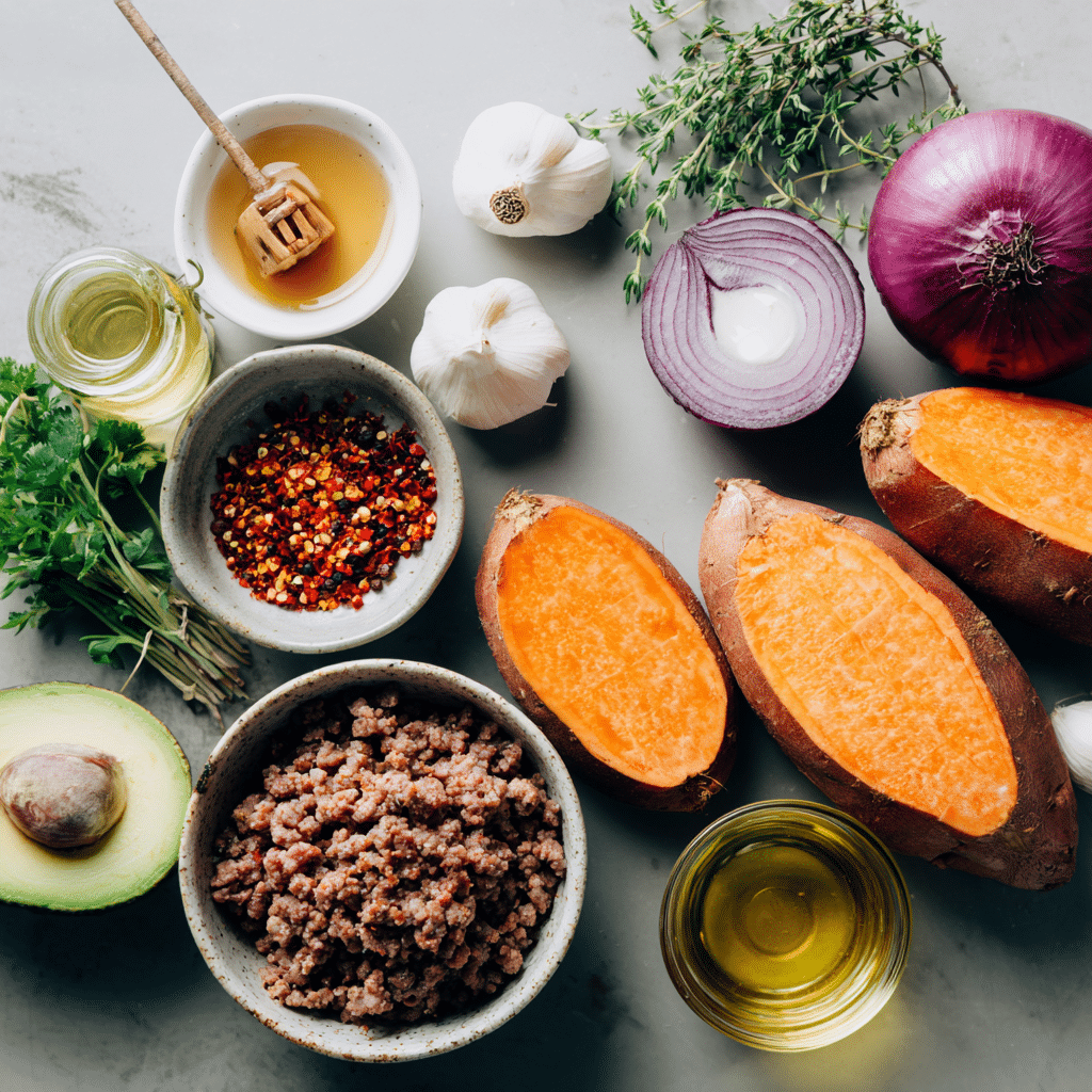 ingredients hot honey sweet potato beef bowl