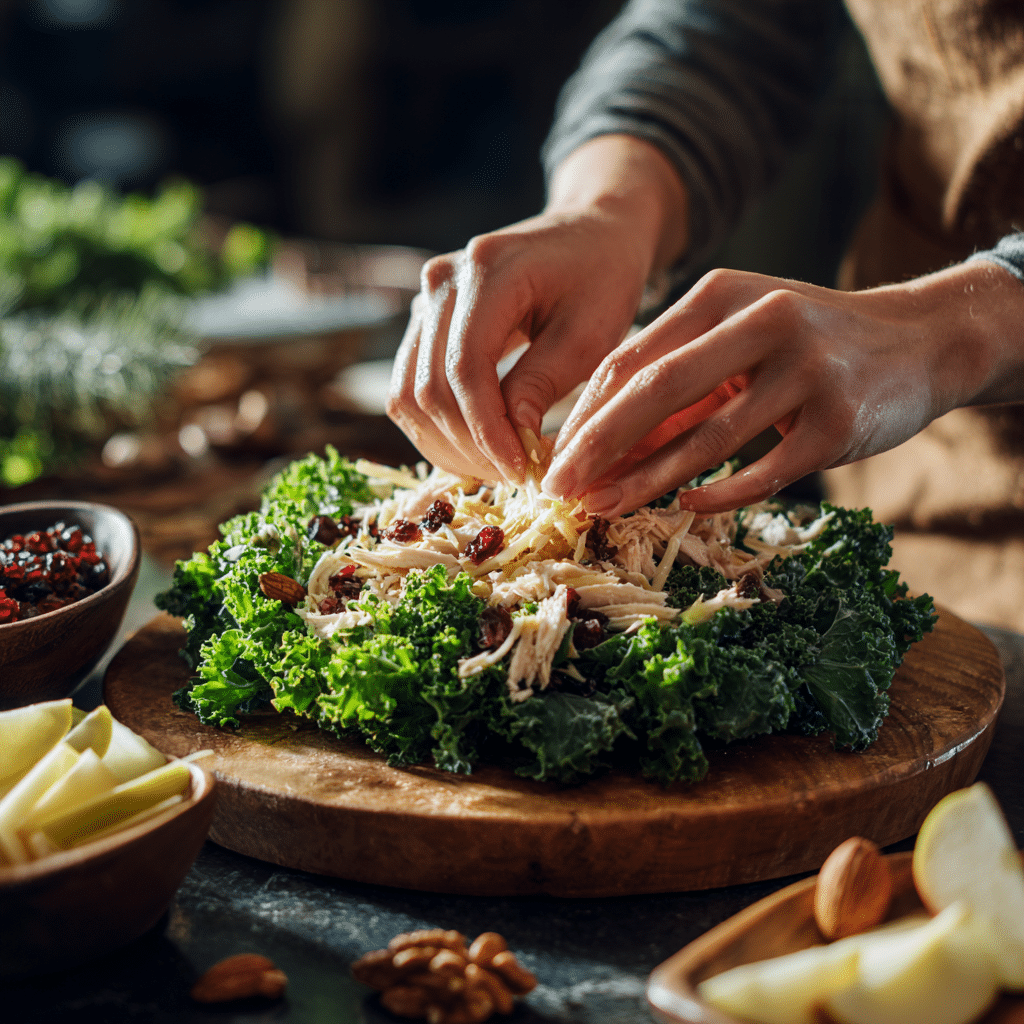 step by step making christmas chicken salad with kale and apples