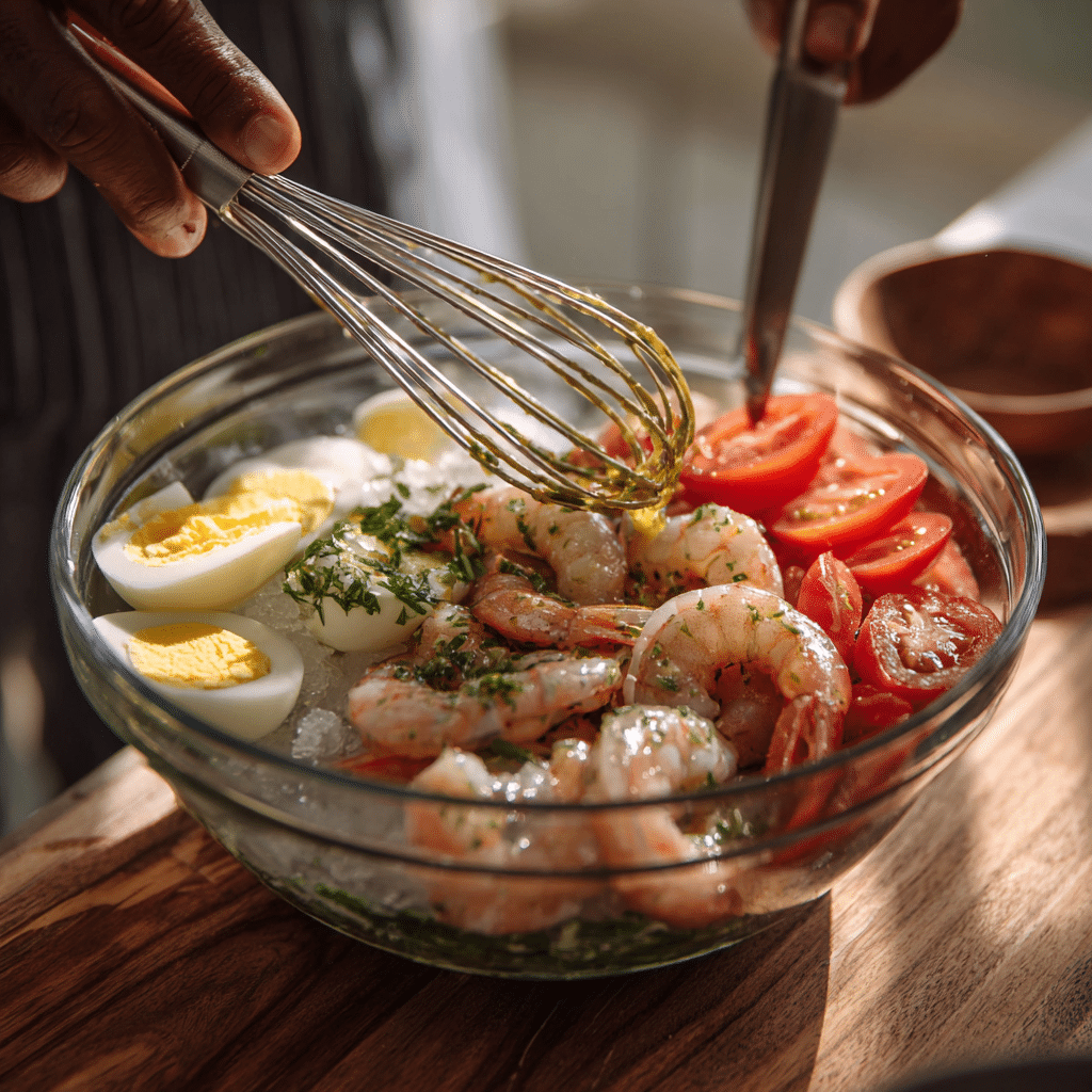 step by step shrimp Louie salad preparation