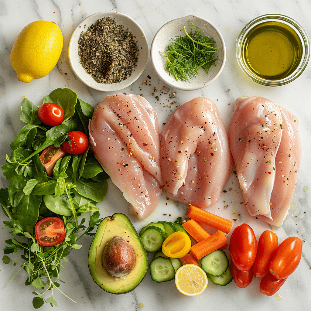 Fresh ingredients for an easy grilled chicken salad including chicken, greens, vegetables, and olive oil