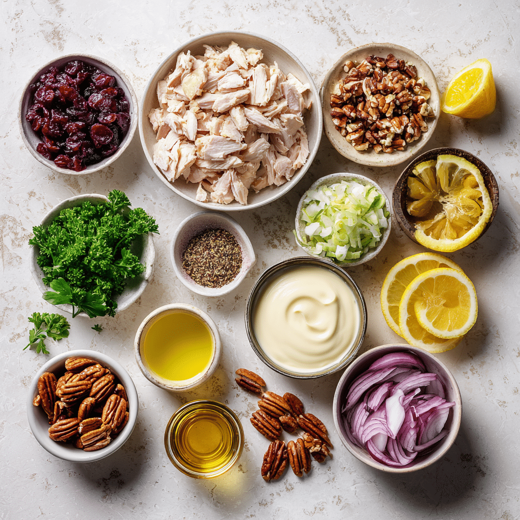 holiday chicken salad ingredients flat lay