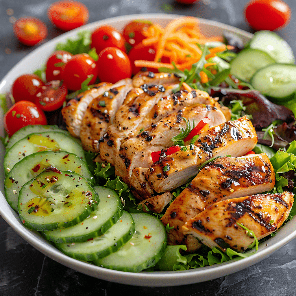 Easy grilled chicken salad for lunch with juicy grilled chicken, fresh greens, avocado, and vinaigrette
