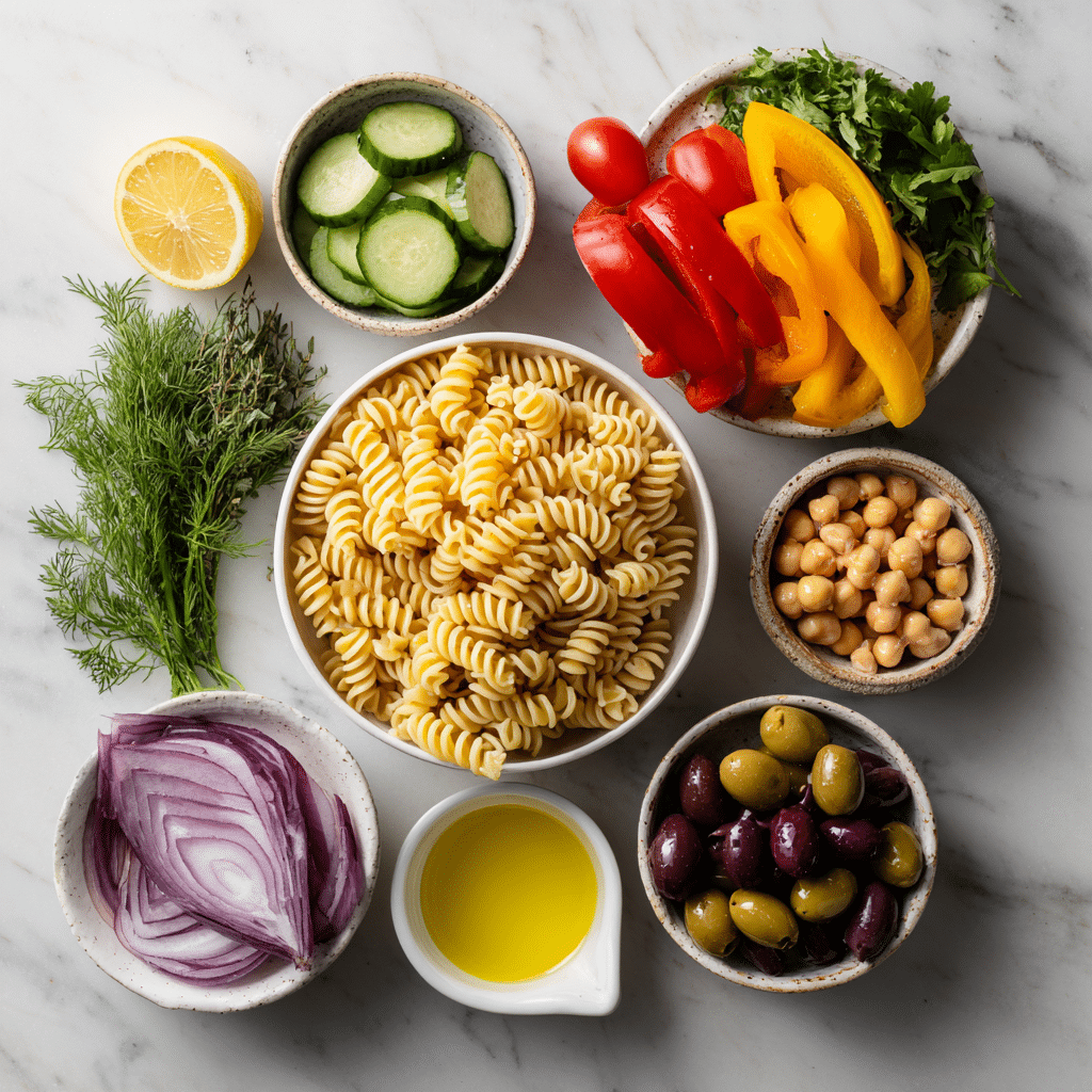vegan pasta salad ingredients flat lay
