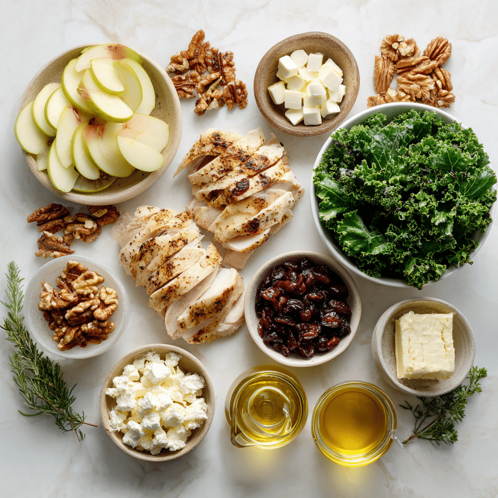 Chicken Salad with Kale & Apples ingredients flat lay kale apples chicken