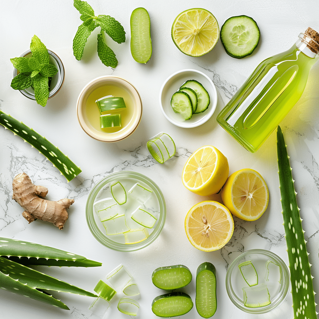 Aloe Vera Juice: How to Make the Best Homemade Recipe 6 Aloe vera juice ingredients including food-grade aloe juice, lemon, ginger, cucumber, and mint