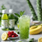 Aloe Vera Juice: How to Make the Best Homemade Recipe 7 Aloe vera juice served as a wellness shot and a tall iced drink with lemon and mint