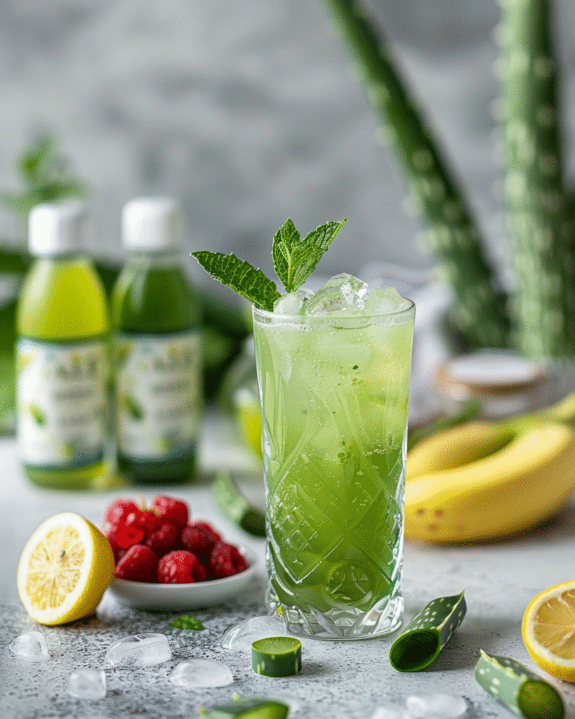 Aloe Vera Juice: How to Make the Best Homemade Recipe 9 Aloe vera juice served as a wellness shot and a tall iced drink with lemon and mint