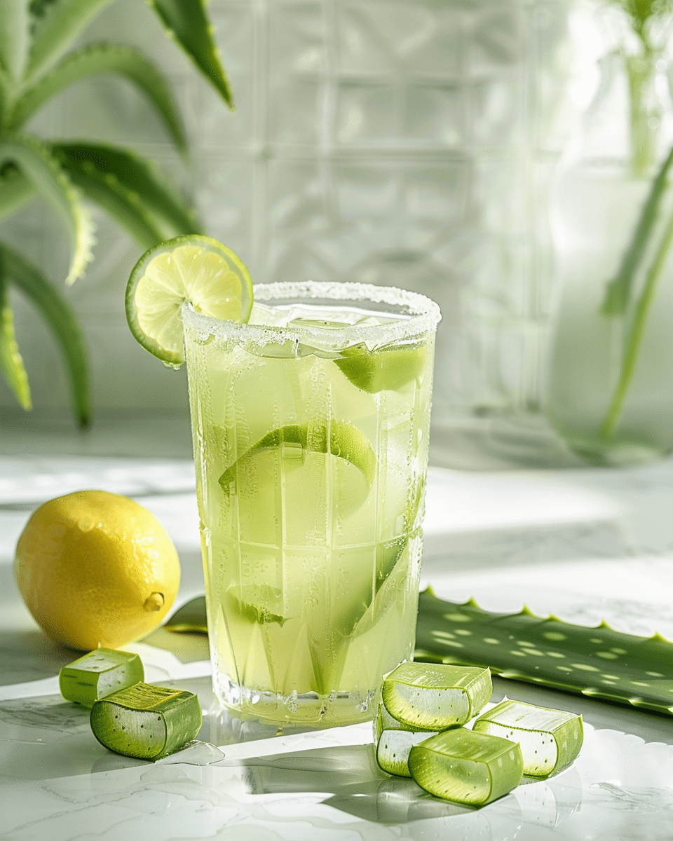 Aloe Vera Juice: How to Make the Best Homemade Recipe 5 Glass of aloe vera juice with lemon slices and mint on a marble counter
