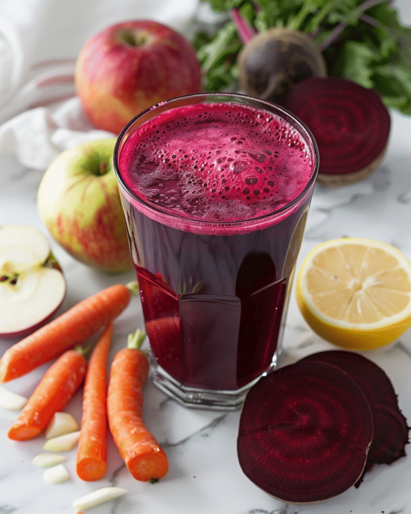 Glass of fresh beet juice with beets, apples, carrots, and lemon on a marble counter