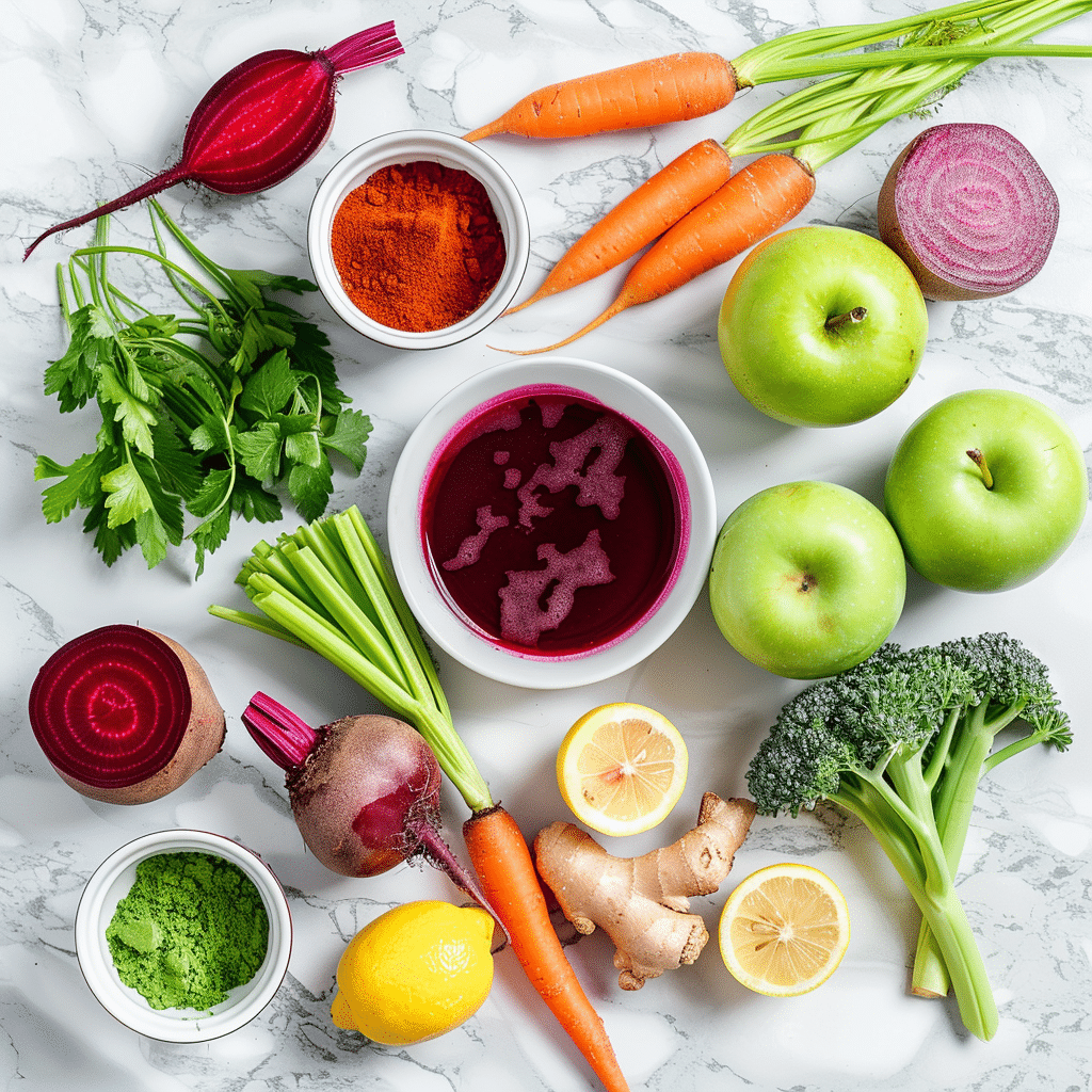 Top 10 Benefits of Beet Juice for Your Health 7 Beet juice ingredients arranged on marble: beets, carrots, green apple, lemon, and ginger