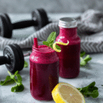 Top 10 Benefits of Beet Juice for Your Health 6 Beet juice in small bottles and a glass with lemon twist and mint in a wellness setting