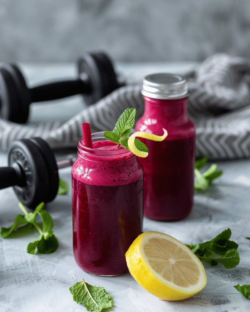 Top 10 Benefits of Beet Juice for Your Health 9 Beet juice in small bottles and a glass with lemon twist and mint in a wellness setting