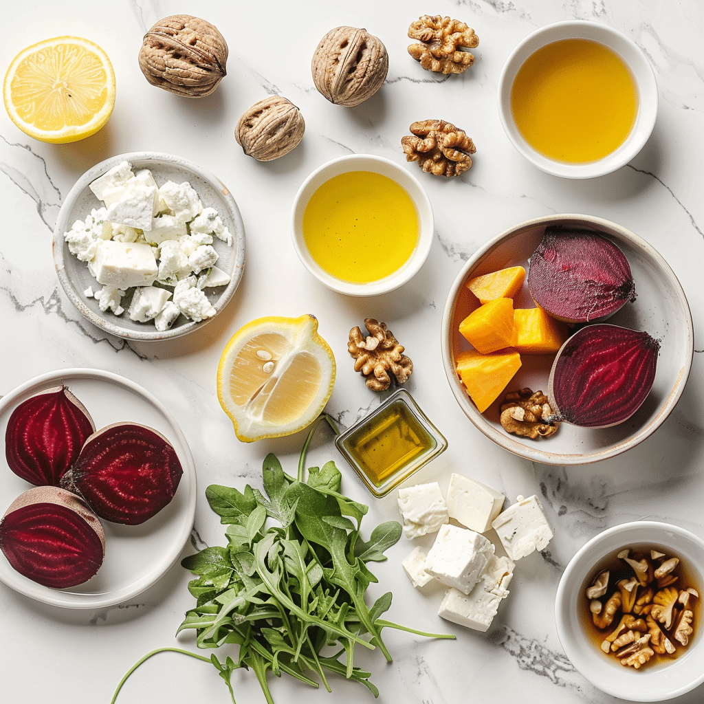 Best Beet Salad Recipe: How to Make a Delicious and Healthy Meal with Just 5 Ingredients 7 Fresh ingredients for beet salad including red and golden beets, arugula, goat cheese, walnuts, olive oil, and lemon