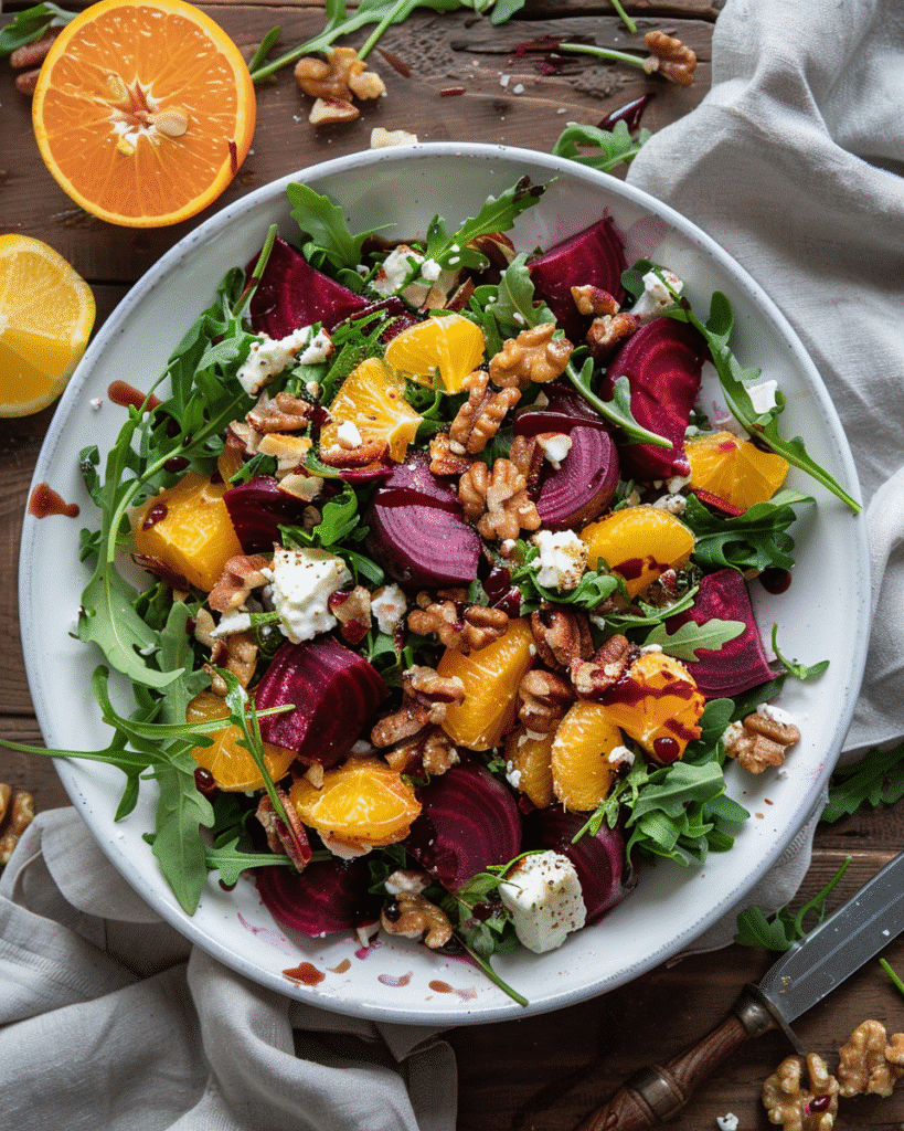 Overhead view of roasted beet salad with goat cheese, arugula, walnuts, and balsamic dressing in a white bowl