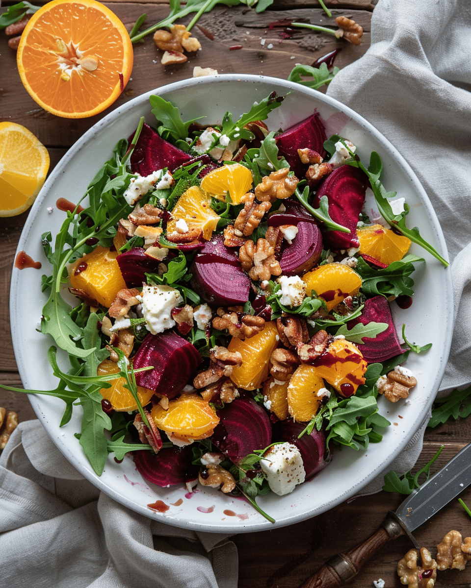 Best Beet Salad Recipe: How to Make a Delicious and Healthy Meal with Just 5 Ingredients 5 Overhead view of roasted beet salad with goat cheese, arugula, walnuts, and balsamic dressing in a white bowl