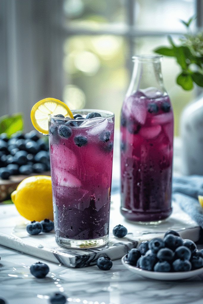 Homemade blueberry juice in a glass bottle and a chilled glass over ice, made with fresh blueberries and lemon.