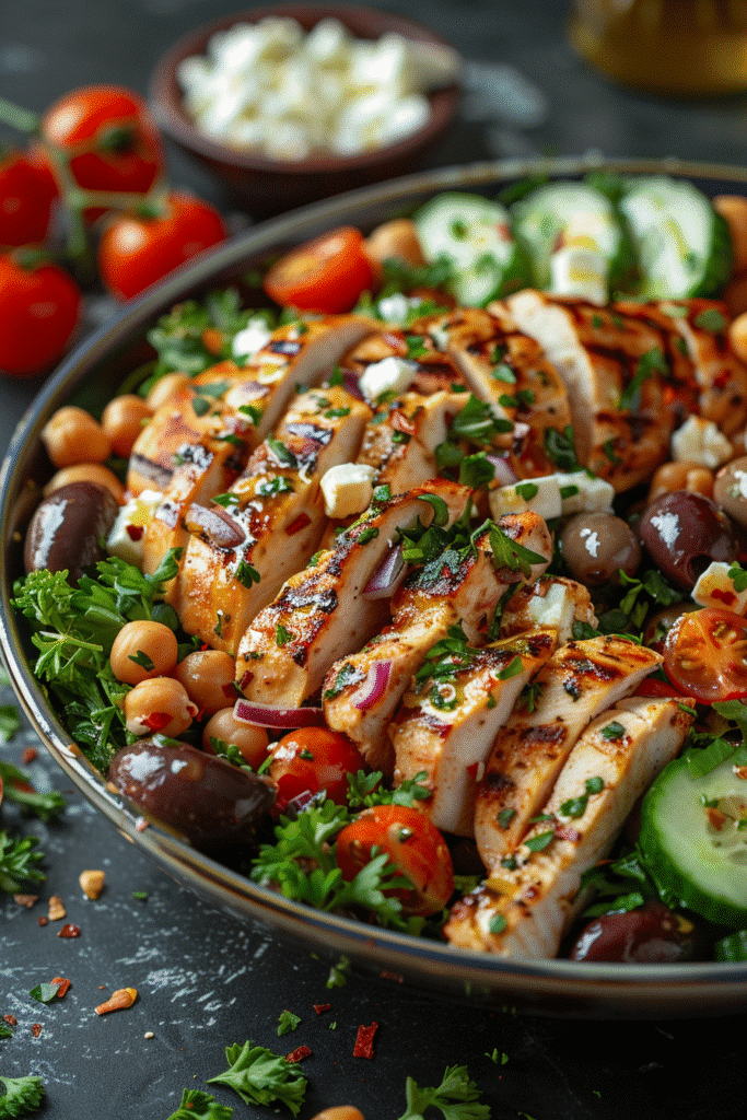 High Protein Greek Salad: The Best Recipe for a Healthy Meal 9 Sliced grilled chicken breast prepared for a high protein Greek salad