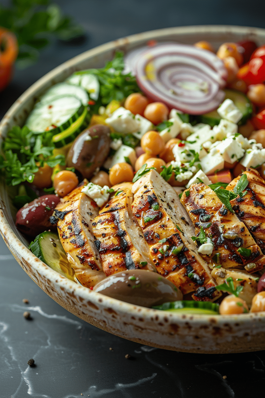 High Protein Greek Salad: The Best Recipe for a Healthy Meal 5 High protein Greek salad with grilled chicken, chickpeas, feta cheese, cucumbers, tomatoes, and olives