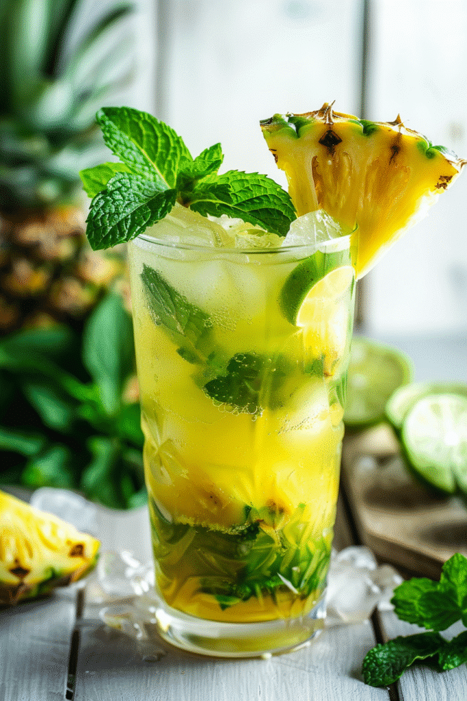 homemade pineapple mojito cocktail with fresh mint lime and pineapple