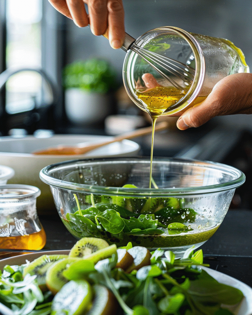 Best Kiwi Salad Recipe: 5 Refreshing Ways to Enjoy this Tropical Delight 8 Whisking honey lime vinaigrette for kiwi salad with olive oil, lime juice, Dijon, and honey