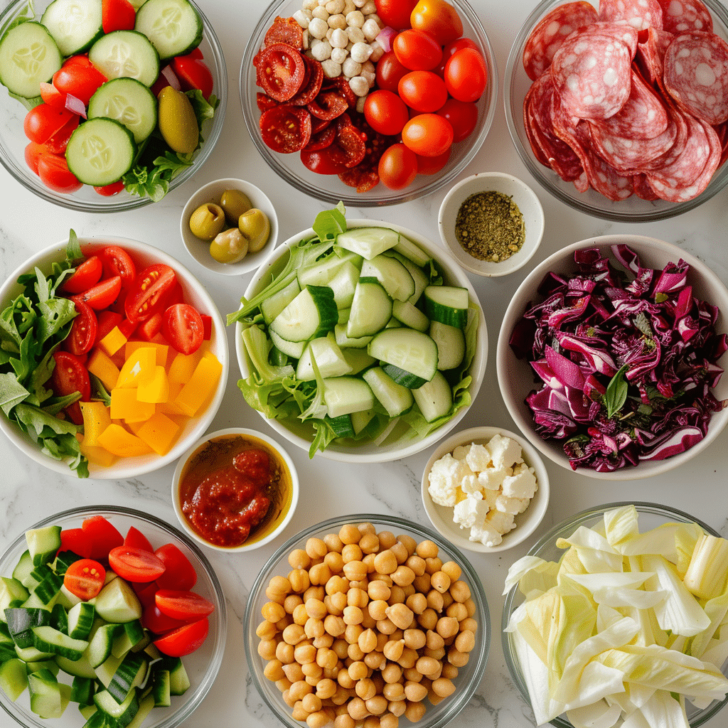 Best Italian Chopped Salad Recipe: A Refreshing Twist for Summer Gatherings 7 Ingredients for Italian chopped salad including lettuce, radicchio, tomatoes, cucumber, chickpeas, salami, cheese, olives, and pepperoncini