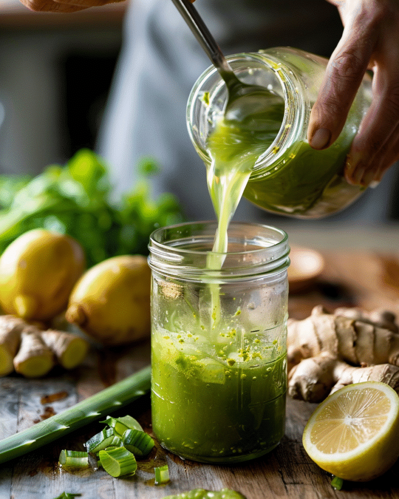 Aloe Vera Juice: How to Make the Best Homemade Recipe 8 Pouring aloe vera juice into a jar and mixing with lemon and ginger