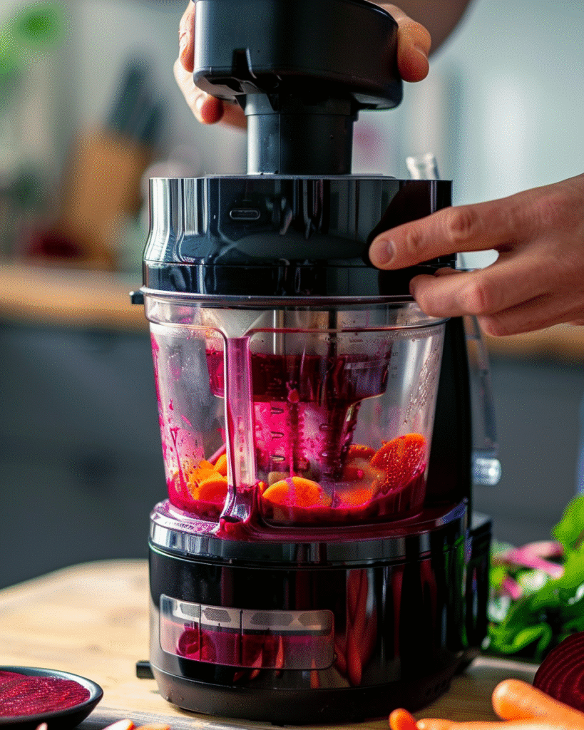Top 10 Benefits of Beet Juice for Your Health 8 Hands using a slow juicer to make beet juice with beets and carrots in a home kitchen
