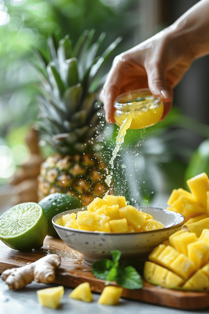 Best Tropical Mocktail Recipe: Refreshing Pineapple & Coconut Delight 8 Mixing pineapple juice, mango puree, and fresh lime juice to create a tropical mocktail base.