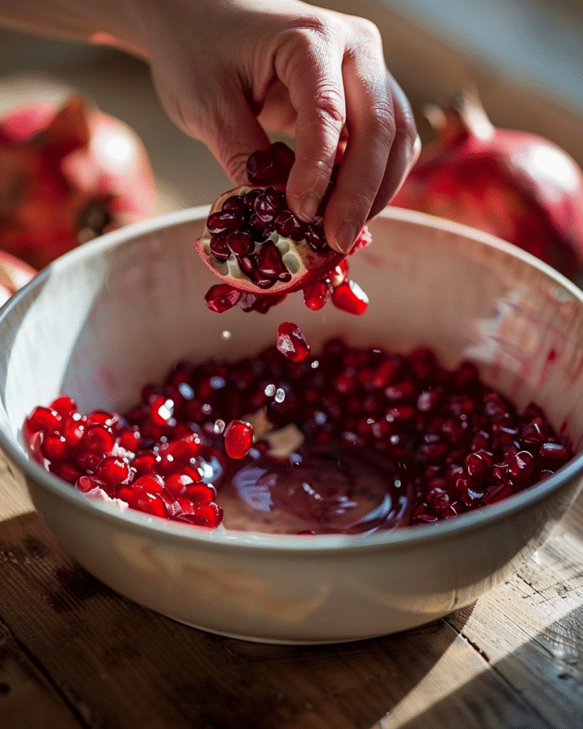 hands removing pomegranate seeds in a bowl of water with pith floating on top