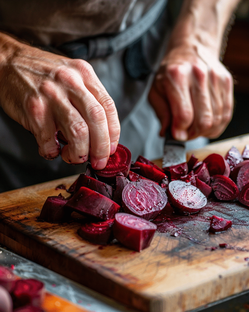 Best Beet Salad Recipe: How to Make a Delicious and Healthy Meal with Just 5 Ingredients 8 Slicing roasted red beets on a wooden cutting board for homemade beet salad