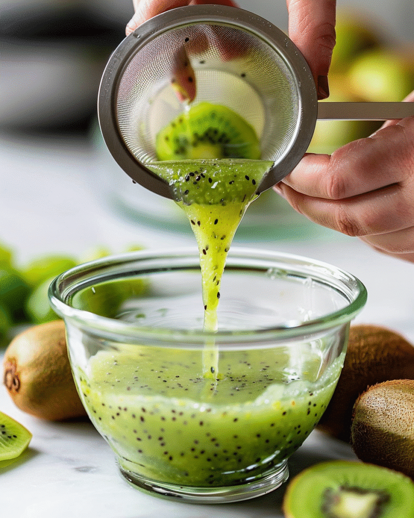 The Top 5 Health Benefits of Kiwi Juice 8 straining blended kiwi juice through a fine mesh sieve to remove seeds and pulp