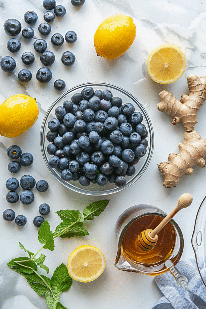 Blueberry Juice: 5 Reasons Why You Should Drink This Superfood Elixir 7 Ingredients for blueberry juice: fresh blueberries, frozen blueberries, lemon, honey, ginger, mint, water, and a fine-mesh strainer.