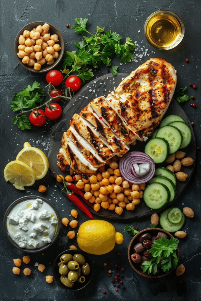High Protein Greek Salad: The Best Recipe for a Healthy Meal 7 Ingredients for high protein Greek salad including grilled chicken, chickpeas, feta, cucumbers, tomatoes, olives, and Greek yogurt