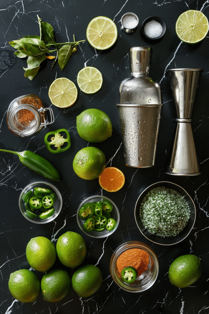 Ingredients for jalapeño spicy margarita: blanco tequila, fresh limes, jalapeños, agave nectar, orange liqueur, and chili salt