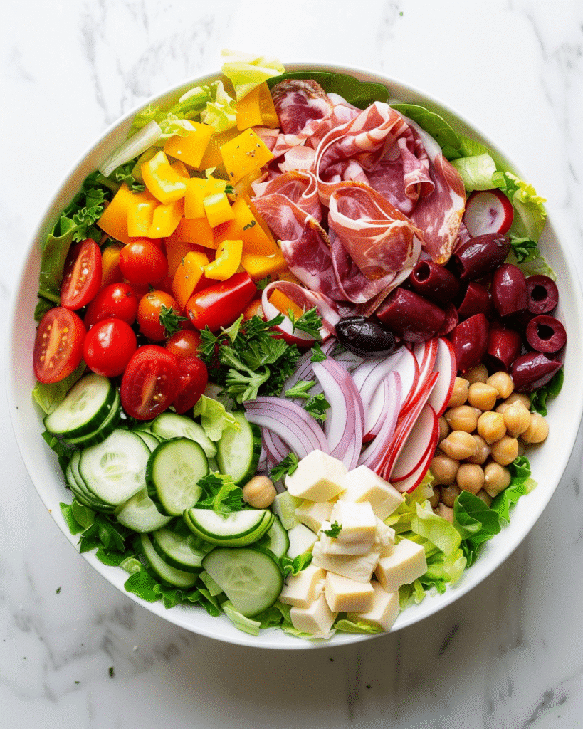 Italian chopped salad with romaine, iceberg, chickpeas, salami, provolone, olives, and red wine vinaigrette in a white bowl