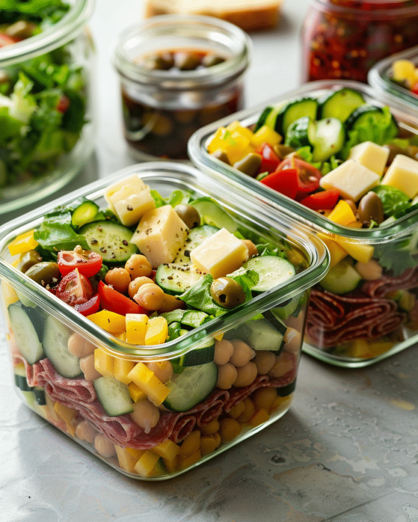 Best Italian Chopped Salad Recipe: A Refreshing Twist for Summer Gatherings 9 Italian chopped salad packed in meal prep containers with dressing on the side