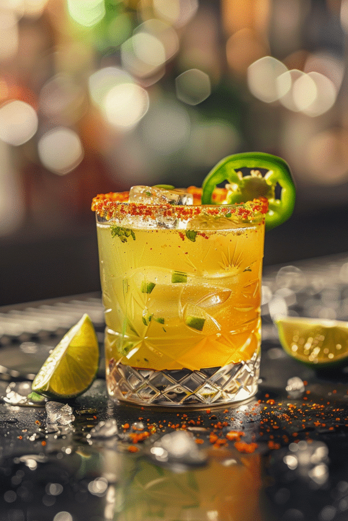 Jalapeño spicy margarita in a rocks glass with chili-salt rim, fresh lime and jalapeño garnish
